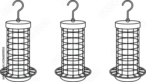 Foto Bird feeder cages, hanging wire mesh feeders, birdseed containers, outdoor avian