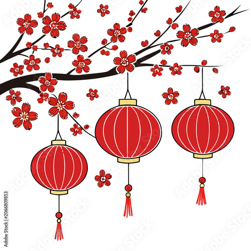 Red Chinese Lanterns Hanging from Black Plum Blossom Branches with Red Flowers on White Background