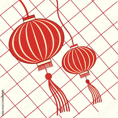 Red Paper Lanterns Hanging with Tassels on a Red Diagonal Grid and Cream Background