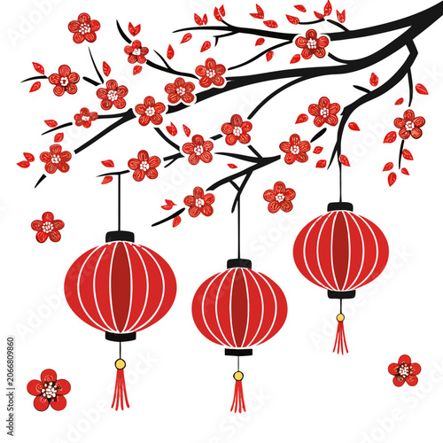 Red Chinese Lanterns Hanging from Black Tree Branch with Red Blossoms on White Background