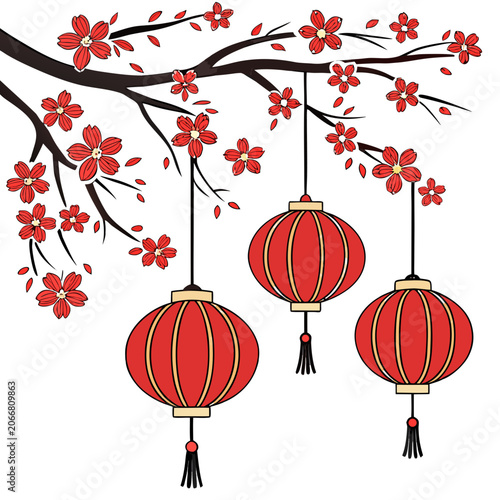 Red Chinese Lanterns Hanging from Cherry Blossom Branches with Red Flowers on White Background