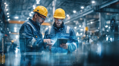 Two industrial engineers in safety helmets use a tablet to monitor digital dashboards on a factory floor, analyzing data and optimizing modern smart manufacturing processes.