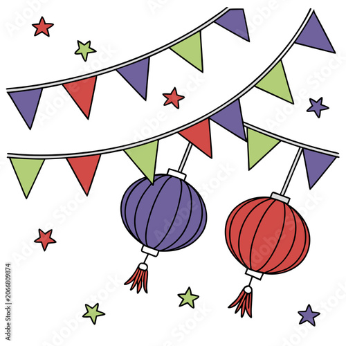 Red and Purple Paper Lanterns Hanging with Green Bunting Banners and Stars on White Surface