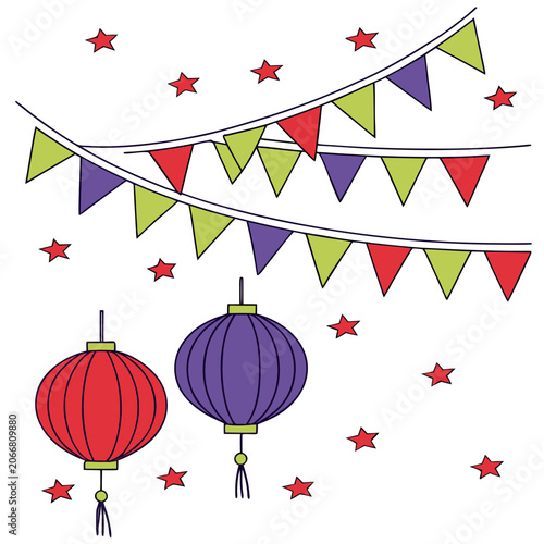 Red and Purple Lanterns Hanging with Green Red Purple Bunting and Red Stars on White Background