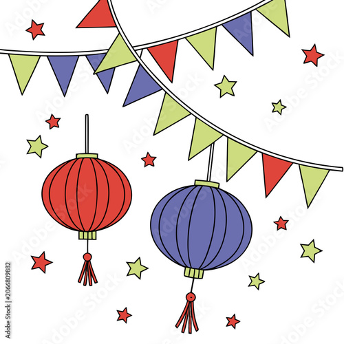 Red and Purple Hanging Paper Lanterns with Multi Color Bunting and Stars on White Background