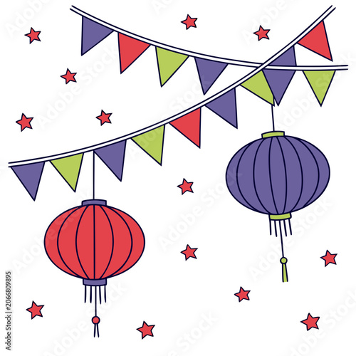 Red and Purple Paper Lanterns Hanging with Colorful Triangle Bunting Flags and Stars on White