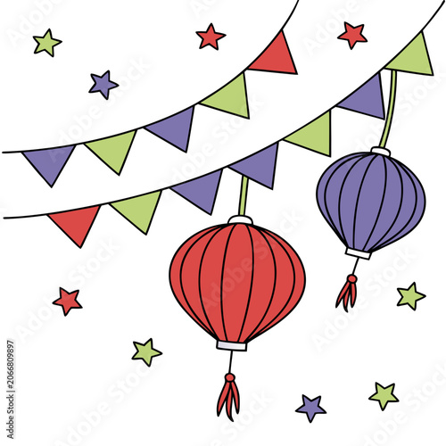 Red and Purple Round Lanterns with Triangular Bunting Flags and Small Stars on White Background