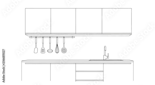 Modern kitchen interior line art illustration with sink, faucet, hanging utensils, and upper cabinets, minimalist design.