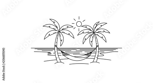Black and white line art vector illustration of a tropical beach scene with two palm trees, a hammock, and sun.