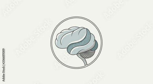 Stylized human brain illustration in a circular frame. Concept of mind, intelligence, thinking, memory, learning, and health.
