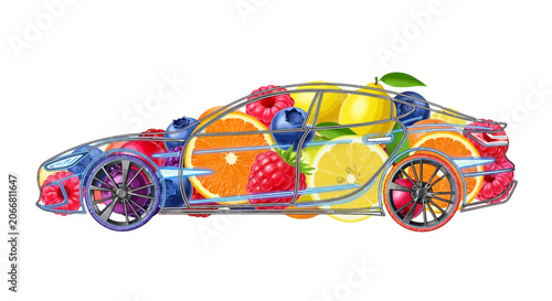 Colorful car with fruit inside.