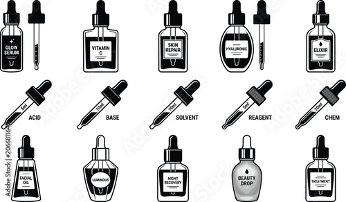 Photos Collection of laboratory glassware bottles and dropper with chemical labels and