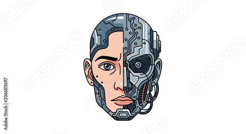 Robotic Humanoid Face Closeup Illustration.