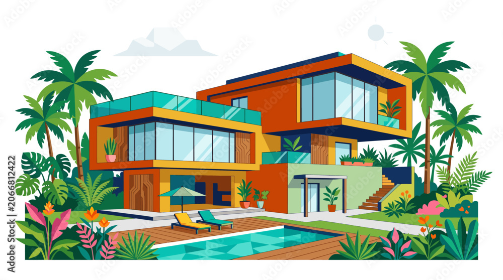 Fototapeta premium Modern Tropical Two Story House.