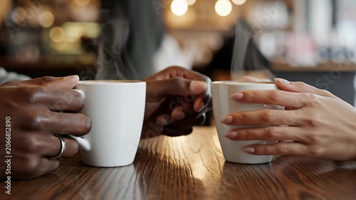 Close-Up Of Two Hands Holding Steam Rising White Ceramic Mugs On Wooden Table In A Cozy Cafe Setting