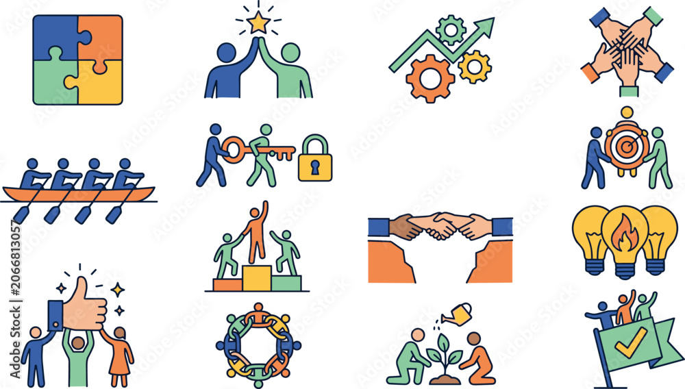 Fototapeta premium Corporate Teamwork and Business Collaboration Icon Set Featuring Unity Metaphors, Strategic Partnerships, Group Synergy, and Shared Goal Achievement Graphics for Presentations