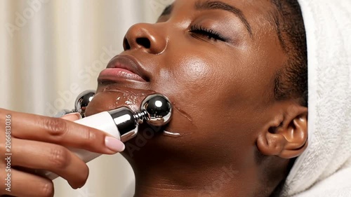 Close-Up of Woman Using Facial Toning Device with Spherical Metal Probes for Skincare Treatment in a Relaxing Spa Setting
