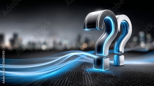 Metallic question marks with glowing edges in urban setting