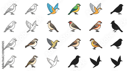 Bird vector illustration set of wild sparrow line art flying shape icon for web ui ad card