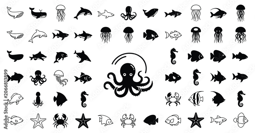 Obraz premium Marine animal silhouette icon set vector illustration including ocean fish shark dolphin octopus whale crab and jellyfish