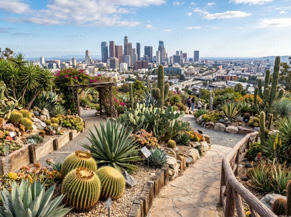 Fototapeta premium Exotic succulent garden overlooking a modern city skyline with mountains in the background