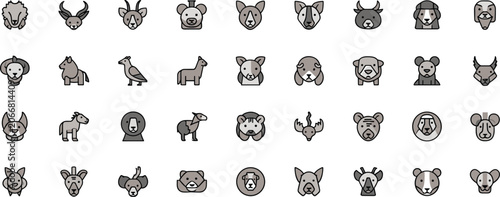 Animal faces set 35 flat muted color head icons vector illustration for app ui stickers education