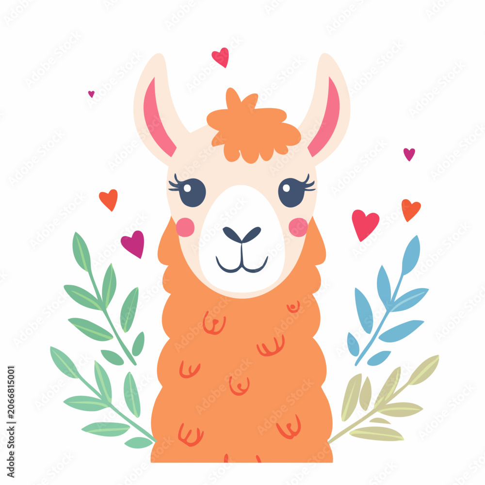 Fototapeta premium Cute Llama Illustration with Hearts and Leaves