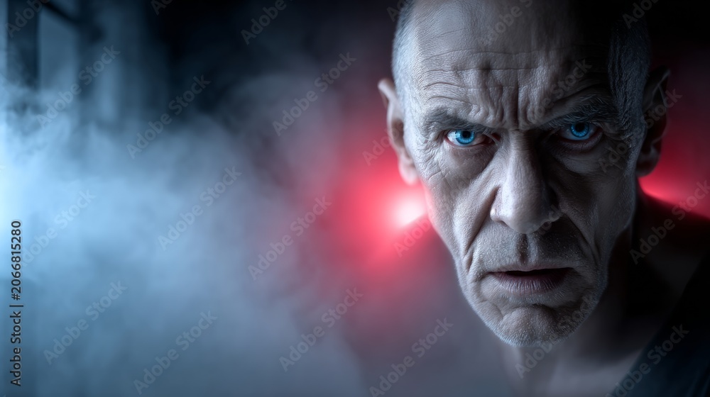 Fototapeta premium Intense close-up of a man with striking blue eyes and serious expression in dark setting