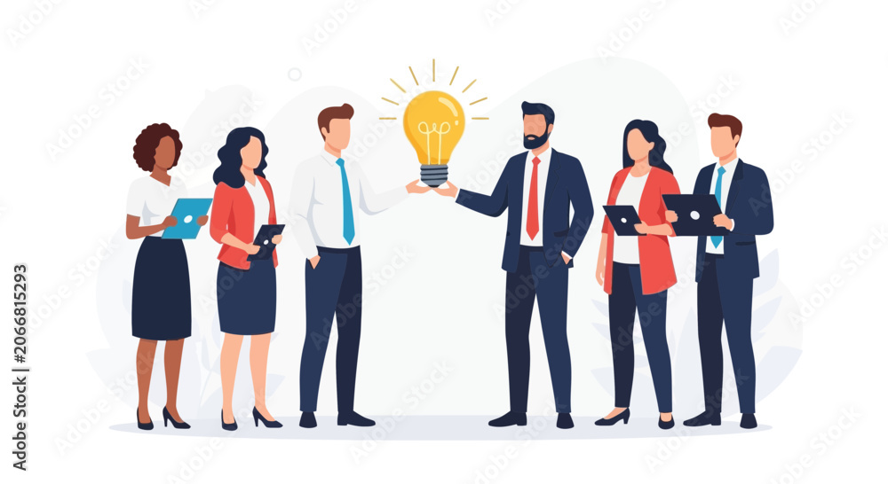 Obraz premium Diverse business team celebrates a bright idea, innovation concept with glowing lightbulb and modern flat illustration style.