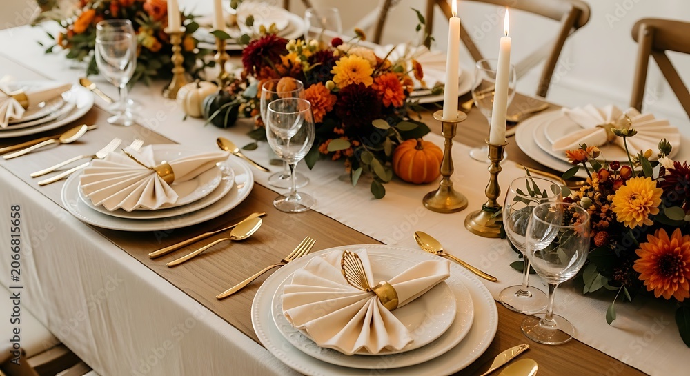 Fototapeta premium Elegant Fine Dining Table Setting with Polished Golden Cutlery and Crisp White Linens for a Sophisticated Formal Event or Wedding Reception