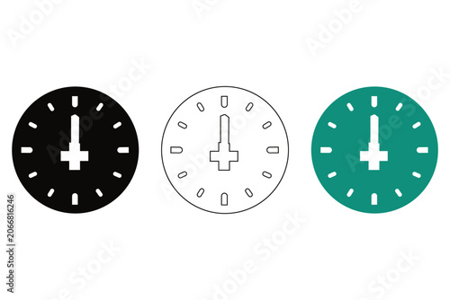 Foto Three circular clock faces with hour and minute hands indicating twelve oclock