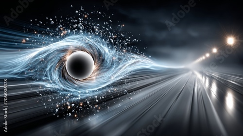 Exploration of a black hole illustrating gravitational pull and cosmic phenomena