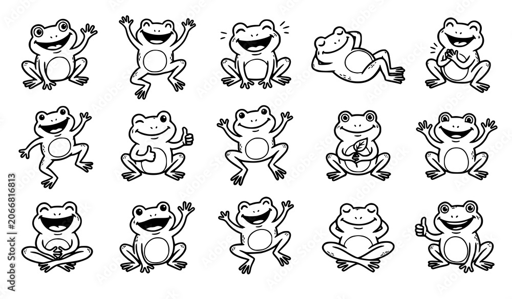 Obraz premium Black and White Happy Frog Sticker Collection with Freehand Cartoon Doodle Illustrations Vector Set