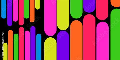 Abstract neon colorful vertical rounded lines pattern on black background