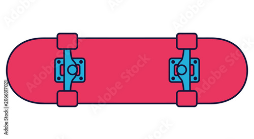 Red skateboard with blue trucks wheels.