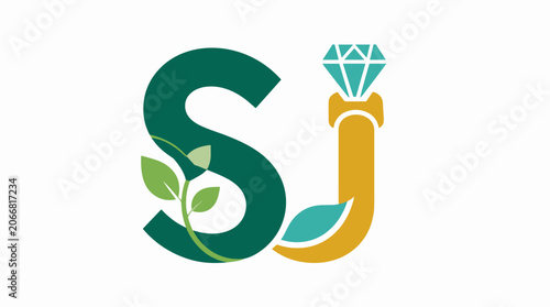 Stylized S letter with plant leaf and diamond ring.