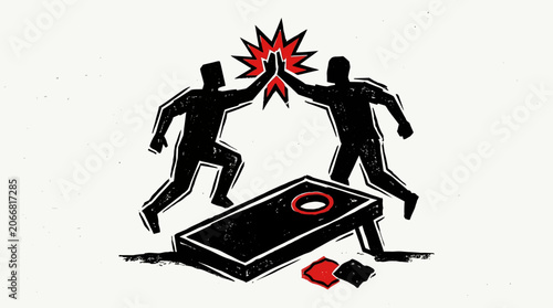 Two stylized figures high-fiving over a cornhole board with beanbags, celebrating a game in a graphic, woodcut style.