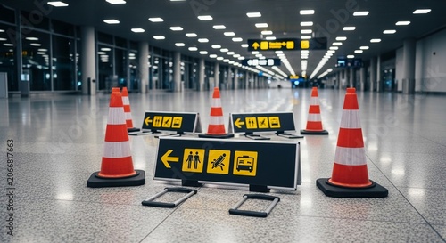 Airport Security Cones and Directional Signage Guiding Travelers Safely Through Terminal Hallways