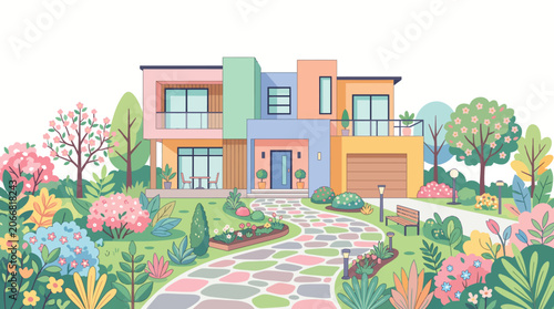 Modern colorful house with garden pathway.