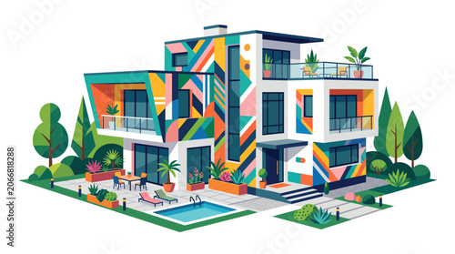 Modern colorful house with pool.