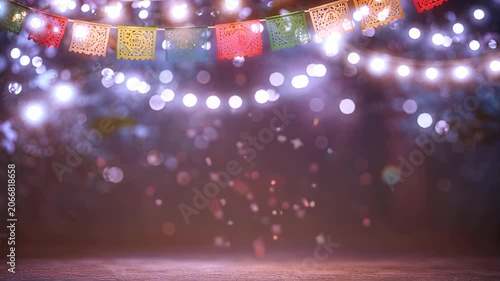 Colorful mexican festive flags and glowing lights with empty space for text, celebration background, cinco de mayo decoration, fiesta atmosphere.