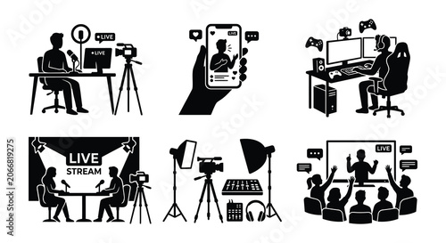 Fotografie Live Streaming Setup Icons Black Silhouette Against White Background