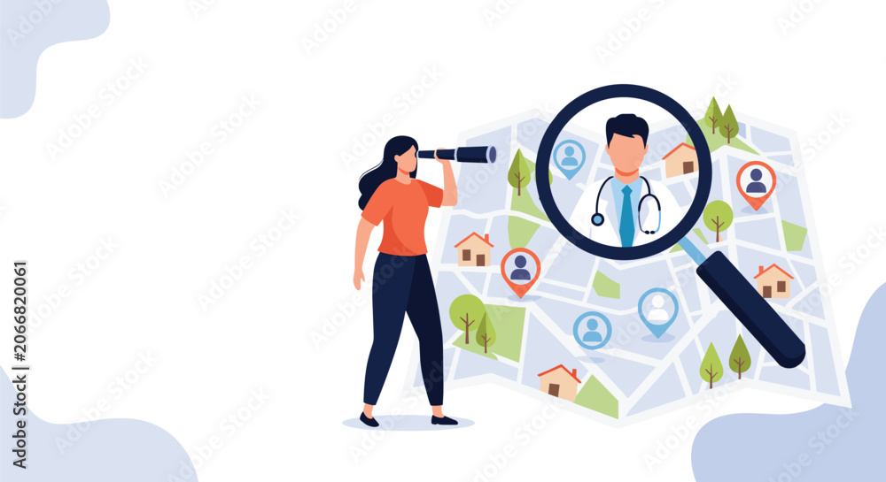 Fototapeta premium Woman searching for a doctor or medical professional on a map using a magnifying glass, depicting healthcare access.