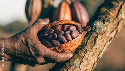 A hand holds an open cacao pod revealing dark cacao beans, resting on a tree branch in a natural, outdoor setting.