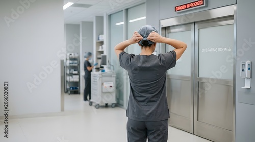 Doctor walking purposefully down a bright clean hospital corridor