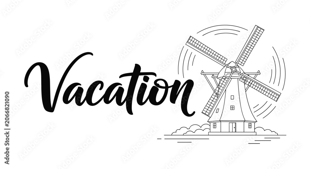 Fototapeta premium A stylized line art illustration of a traditional Dutch windmill with spinning blades stands beside a prominent 