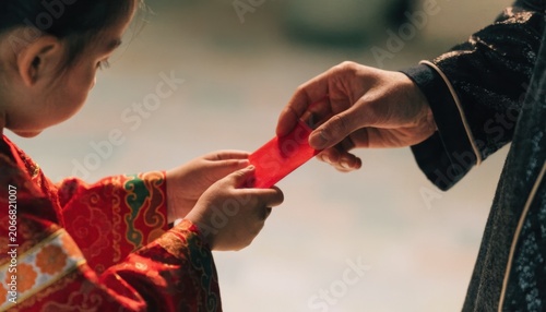 A child in traditional attire receives a red envelope from an elder, symbolizing a cultural gift-giving tradition.