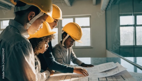 Four construction workers wearing yellow helmets review blueprints inside a building under construction with large windows letting in natural light.