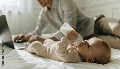 A baby lies on a bed drinking from a bottle while an adult works on a laptop nearby, capturing a moment of multitasking parenting and remote work.