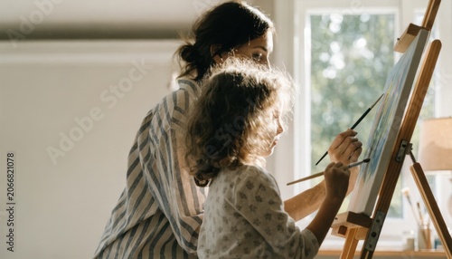A woman and a young girl painting together on an easel in a sunlit room, sharing a creative and educational moment.